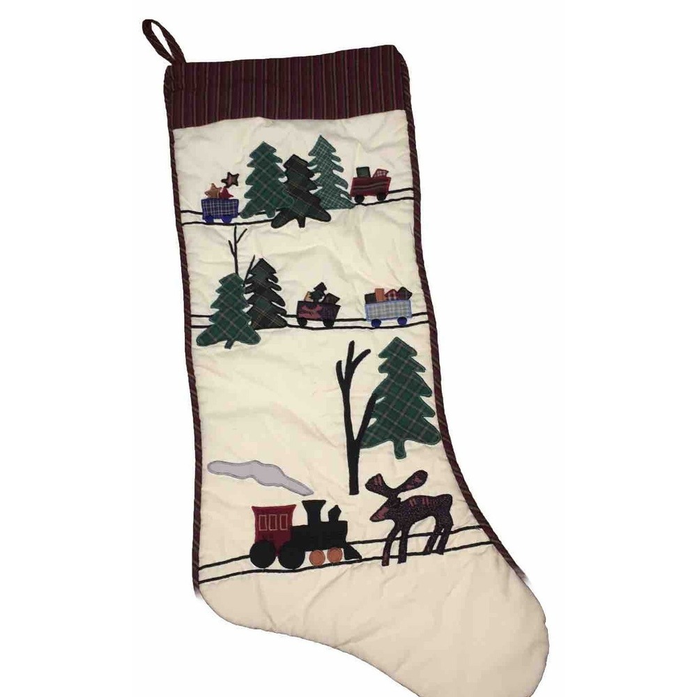 House of Hatten Christmas Stocking Appliqué Train Cabin Lodge Moose Tree VTG
